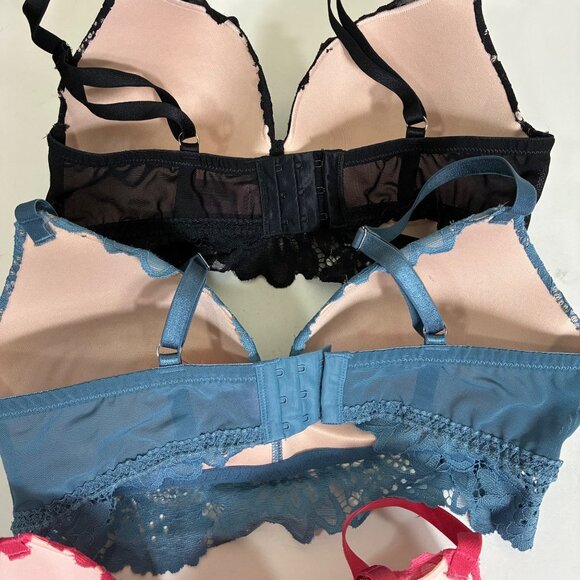 Lot of 3 Hunkemoller Lace Bralettes Pink Black Blue Size 36D - Picture 7 of 9
